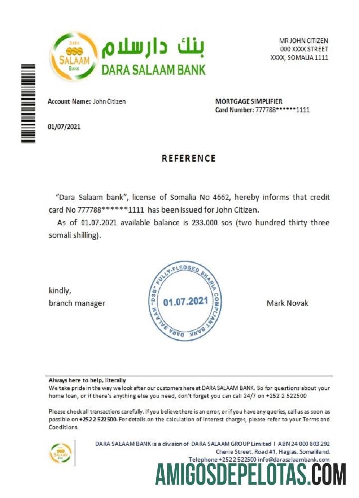 Referência do Banco Dara Salaam da Somália exemplo real